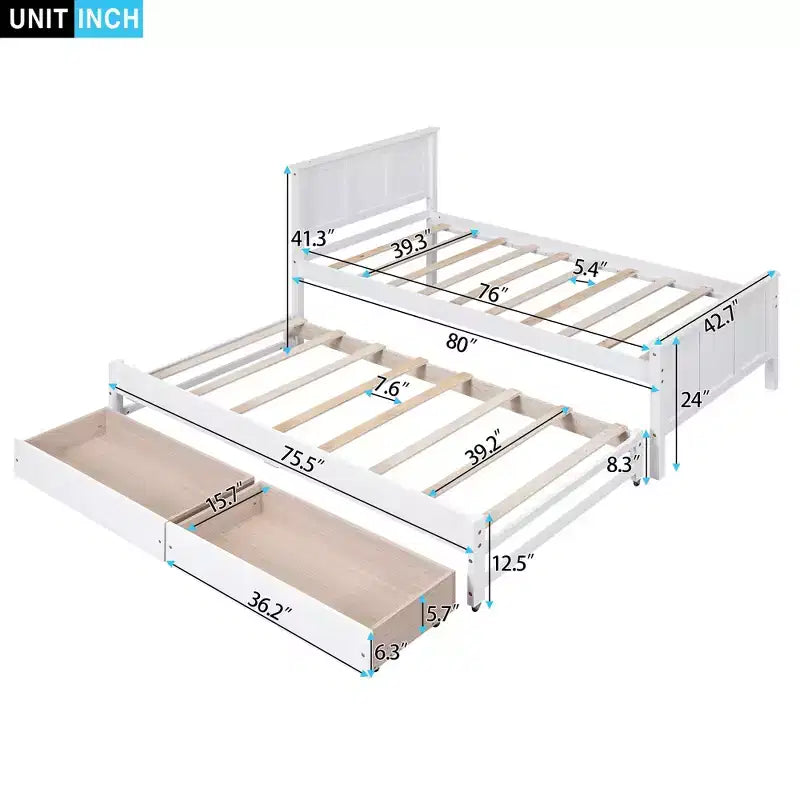 Lit plateforme jumeau en bois avec lit gigogne et tiroirs