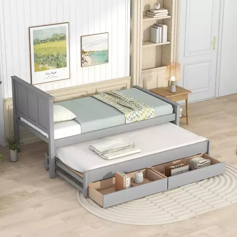 Lit plateforme jumeau en bois avec lit gigogne et tiroirs