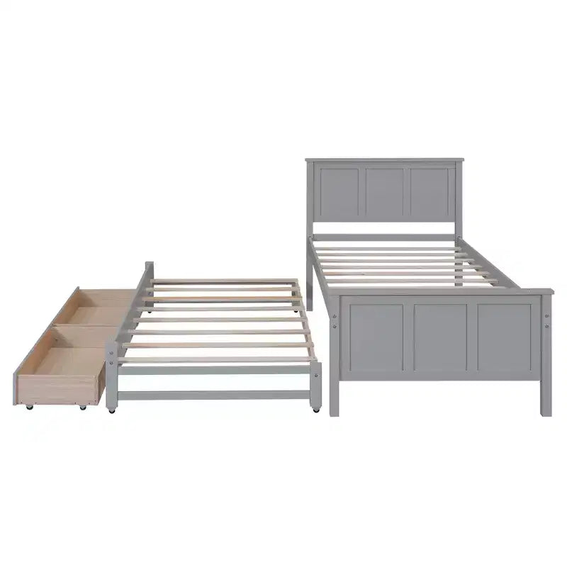 Lit plateforme jumeau en bois avec lit gigogne et tiroirs