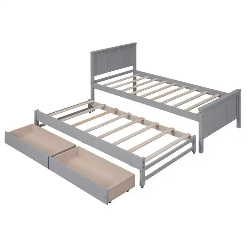 Lit plateforme jumeau en bois avec lit gigogne et tiroirs