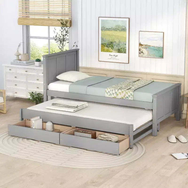 Whisen Wood Twin Size Platform Bed with Trundle and Drawers
