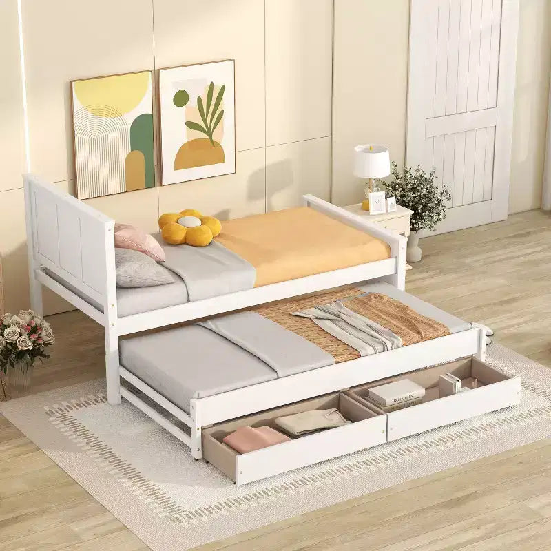 Lit plateforme jumeau en bois avec lit gigogne et tiroirs