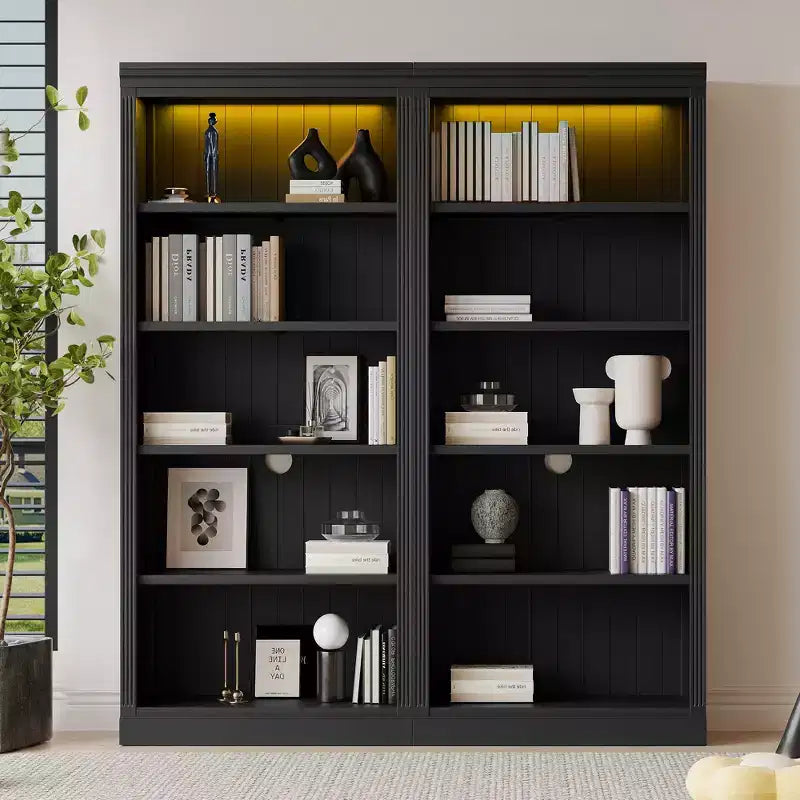Bibliothèque haute en bois de 211,8 cm avec bande lumineuse LED, étagères réglables à 5 niveaux et organisateur de rangement pour le salon et le bureau à domicile
