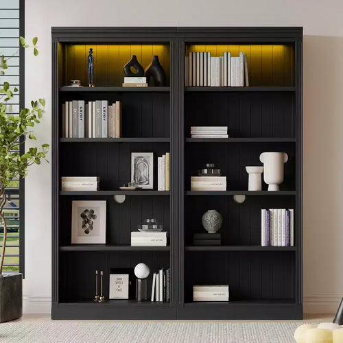 Bibliothèque haute en bois de 211,8 cm avec bande lumineuse LED, étagères réglables à 5 niveaux et organisateur de rangement pour le salon et le bureau à domicile