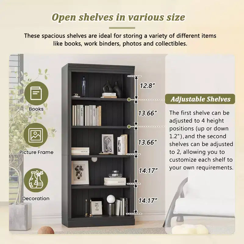 Bibliothèque haute en bois de 211,8 cm avec bande lumineuse LED, étagères réglables à 5 niveaux et organisateur de rangement pour le salon et le bureau à domicile
