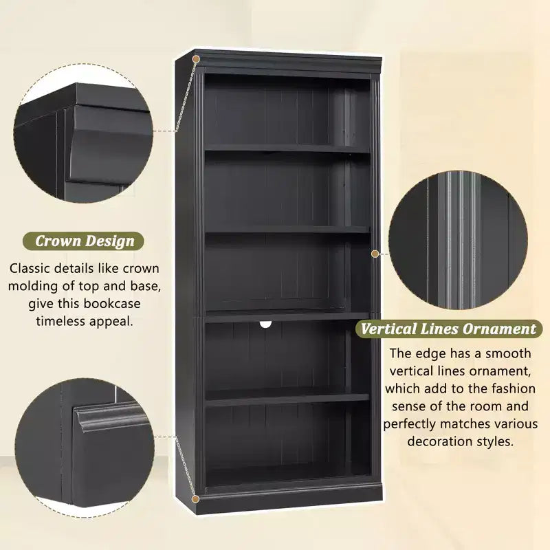 Bibliothèque haute en bois de 211,8 cm avec bande lumineuse LED, étagères réglables à 5 niveaux et organisateur de rangement pour le salon et le bureau à domicile