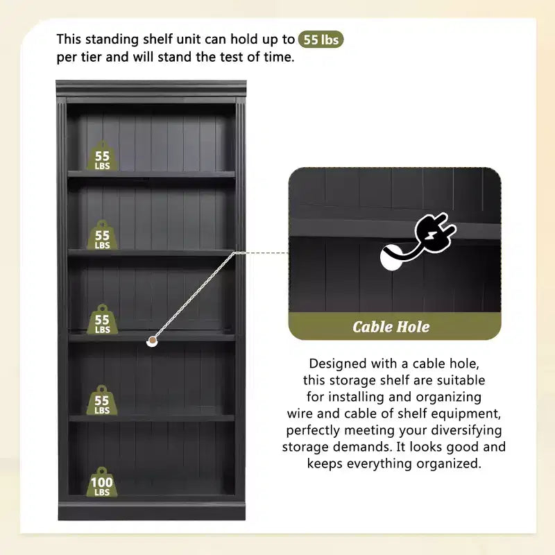 Bibliothèque haute en bois de 211,8 cm avec bande lumineuse LED, étagères réglables à 5 niveaux et organisateur de rangement pour le salon et le bureau à domicile