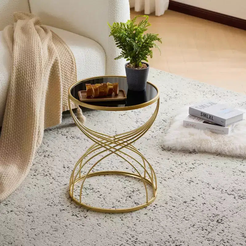 Modern Side Table Round End Table Coffee Table Bedside Table Nightstand with Golden Metal Frame and Black MIirror Top-ModernLuxe