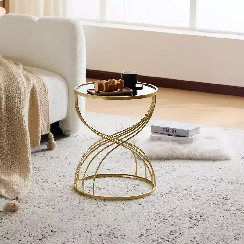 Table d'appoint moderne Table de bout ronde Table basse Table de chevet avec cadre en métal doré et plateau miroir noir