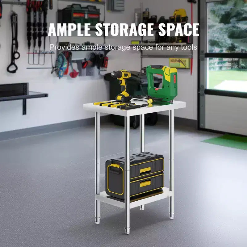 Table de préparation en acier inoxydable, 24 x 18 x 34 pouces, capacité de charge de 640 livres, table de travail en métal robuste avec 3 niveaux de hauteur réglables
