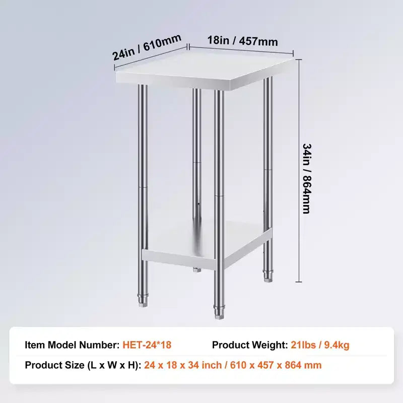 Table de préparation en acier inoxydable, 24 x 18 x 34 pouces, capacité de charge de 640 livres, table de travail en métal robuste avec 3 niveaux de hauteur réglables