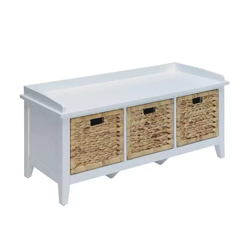 Simple Relax Wooden Bench with 3 Drawers in Rattan and White