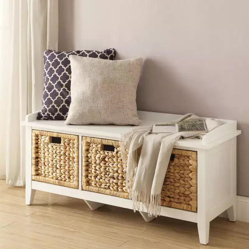 Banc simple Relax en bois avec 3 tiroirs en rotin et blanc
