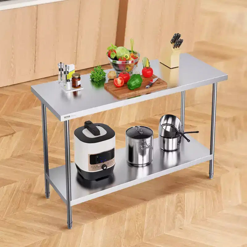 Table de préparation en acier inoxydable, 24 x 60 x 34 pouces, capacité de charge de 840 lb, plan de travail métallique robuste avec 3 niveaux de hauteur réglables