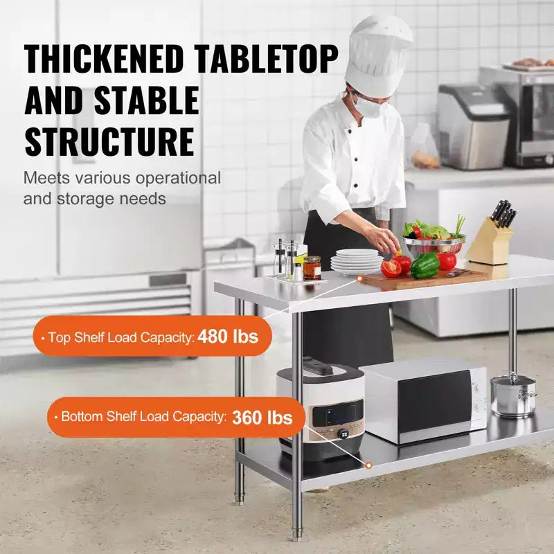 Table de préparation en acier inoxydable, 24 x 60 x 34 pouces, capacité de charge de 840 lb, plan de travail métallique robuste avec 3 niveaux de hauteur réglables