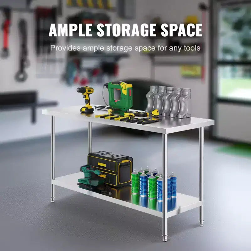Table de préparation en acier inoxydable, 24 x 60 x 34 pouces, capacité de charge de 840 lb, plan de travail métallique robuste avec 3 niveaux de hauteur réglables