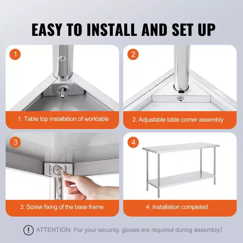 Table de préparation en acier inoxydable, 24 x 60 x 34 pouces, capacité de charge de 840 lb, plan de travail métallique robuste avec 3 niveaux de hauteur réglables