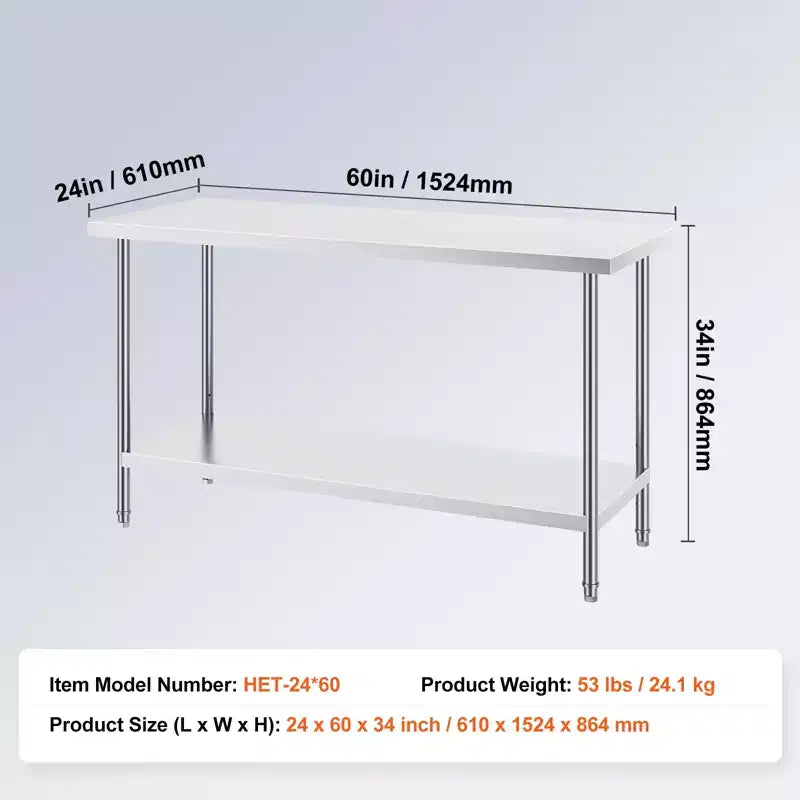 Table de préparation en acier inoxydable, 24 x 60 x 34 pouces, capacité de charge de 840 lb, plan de travail métallique robuste avec 3 niveaux de hauteur réglables