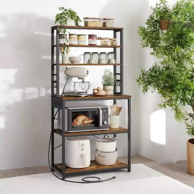 Étagère de Boulanger - Bar à Café de 31,5 Pouces avec Prise de Courant. Étagères de Cuisine à 6 Niveaux avec 6 Crochets, Parfaite comme Support de Micro-ondes