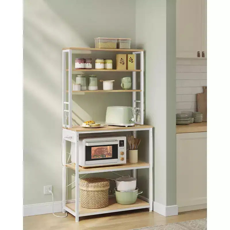 Bakers Rack - 31.5 - Inch Coffee Bar with Power Outlet. 6 - Tier Kitchen Shelves with 6 Hooks, Perfect as Microwave Stand