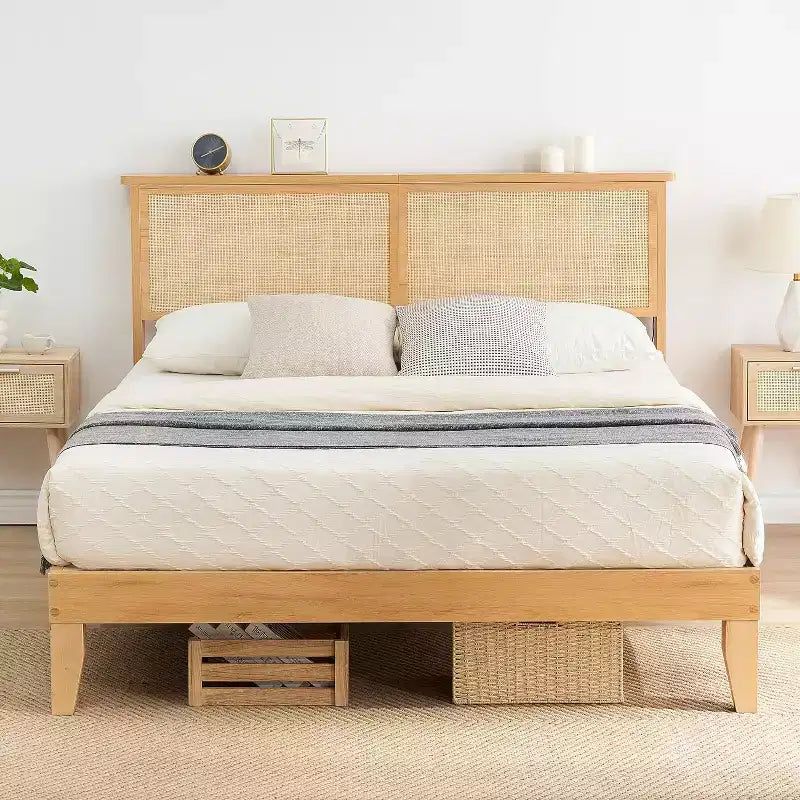 Deluxe Solid Wood Bed Frame With Natural Rattan Headboard,Platform Bed Frame, Mattress Foundation, Noise-Free, No Box Spring Needed