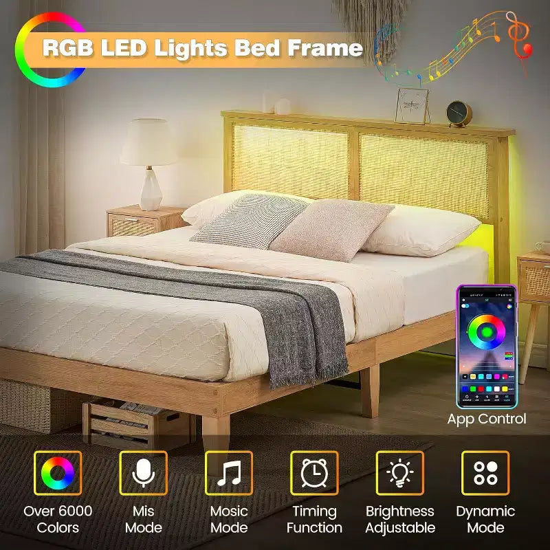 Cadre de Lit Deluxe en Bois Massif avec Tête de Lit en Rotin Naturel, Sommier Plateforme, Base de Matelas, Silencieux, Aucun Sommier à Ressorts Nécessaire