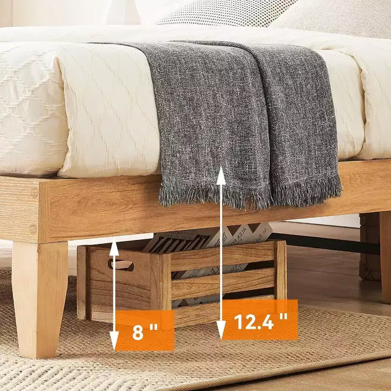 Cadre de Lit Deluxe en Bois Massif avec Tête de Lit en Rotin Naturel, Sommier Plateforme, Base de Matelas, Silencieux, Aucun Sommier à Ressorts Nécessaire