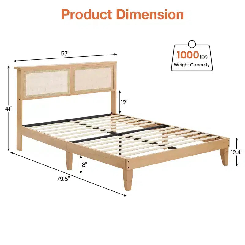 Cadre de Lit Deluxe en Bois Massif avec Tête de Lit en Rotin Naturel, Sommier Plateforme, Base de Matelas, Silencieux, Aucun Sommier à Ressorts Nécessaire