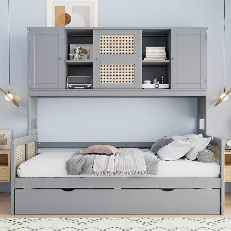 Twin/Full Size Wooden Daybed with Trundle, Built-in Storage Cabinet &amp; Shelves, Multifunctional Bed Frame for Kids &amp; Guests, White/Gray - ModernLuxe