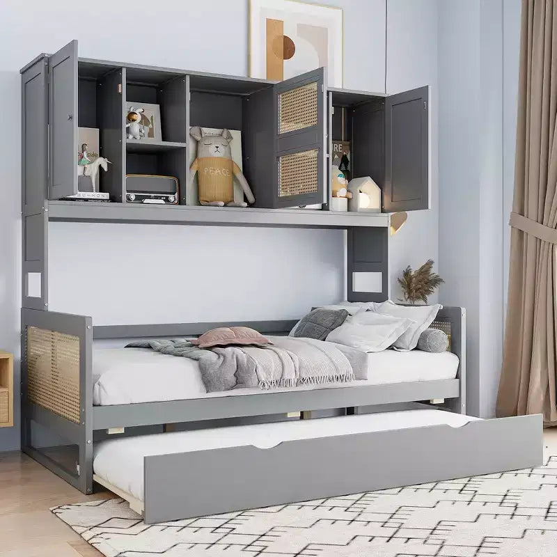 Lit de repos en bois double/grand format avec lit gigogne, armoire de rangement intégrée et étagères, cadre de lit multifonctionnel pour enfants et invités, blanc/gris
