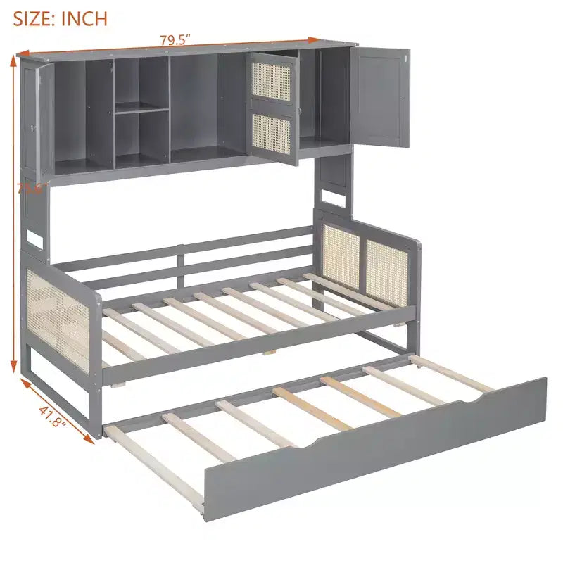 Lit de repos en bois double/grand format avec lit gigogne, armoire de rangement intégrée et étagères, cadre de lit multifonctionnel pour enfants et invités, blanc/gris