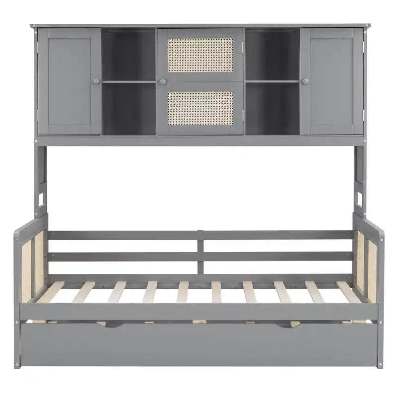 Lit de repos en bois double/grand format avec lit gigogne, armoire de rangement intégrée et étagères, cadre de lit multifonctionnel pour enfants et invités, blanc/gris