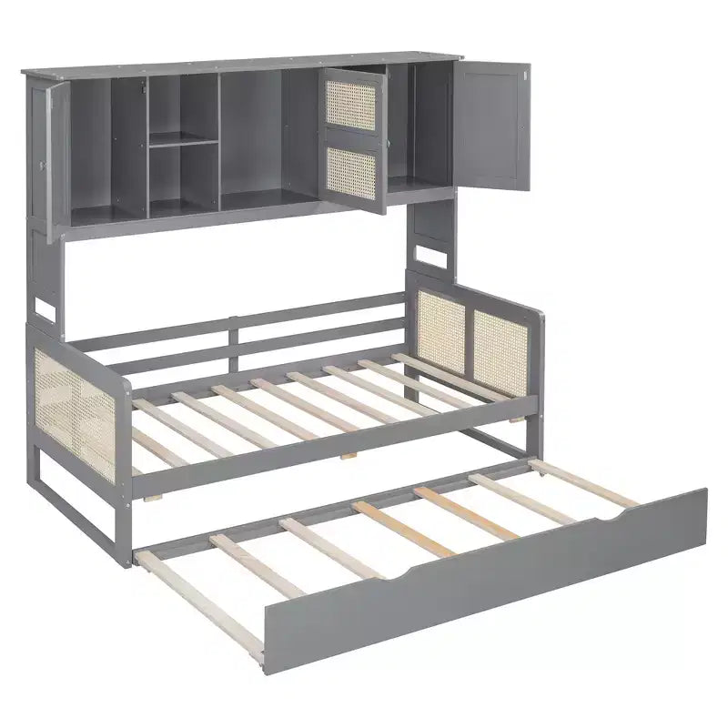 Lit de repos en bois double/grand format avec lit gigogne, armoire de rangement intégrée et étagères, cadre de lit multifonctionnel pour enfants et invités, blanc/gris