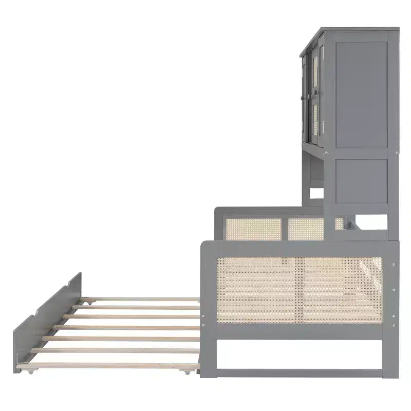 Lit de repos en bois double/grand format avec lit gigogne, armoire de rangement intégrée et étagères, cadre de lit multifonctionnel pour enfants et invités, blanc/gris