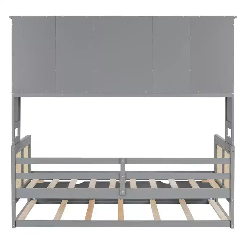 Lit de repos en bois double/grand format avec lit gigogne, armoire de rangement intégrée et étagères, cadre de lit multifonctionnel pour enfants et invités, blanc/gris