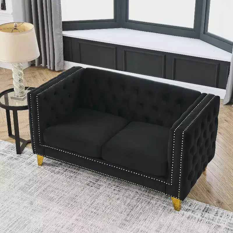 Canapé en velours pour salon, canapé à accoudoirs carrés capitonnés, canapé moderne rembourré avec boutons et pieds en métal, canapé pour chambre à coucher