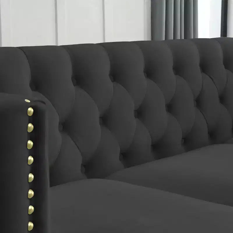 Canapé en velours pour salon, canapé à accoudoirs carrés capitonnés, canapé moderne rembourré avec boutons et pieds en métal, canapé pour chambre à coucher