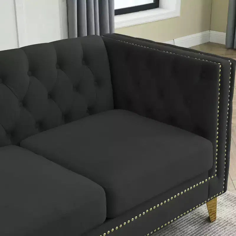 Canapé en velours pour salon, canapé à accoudoirs carrés capitonnés, canapé moderne rembourré avec boutons et pieds en métal, canapé pour chambre à coucher