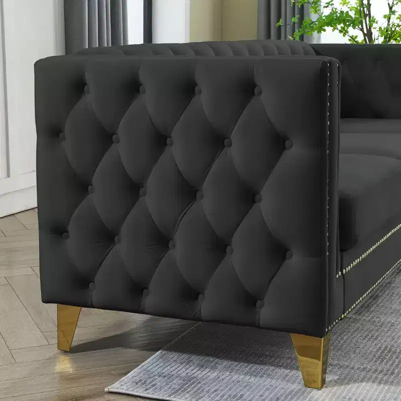 Canapé en velours pour salon, canapé à accoudoirs carrés capitonnés, canapé moderne rembourré avec boutons et pieds en métal, canapé pour chambre à coucher