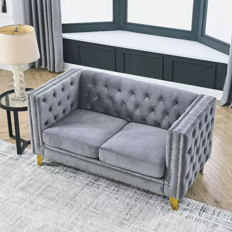 Canapé en velours pour salon, canapé à accoudoirs carrés capitonnés, canapé moderne rembourré avec boutons et pieds en métal, canapé pour chambre à coucher