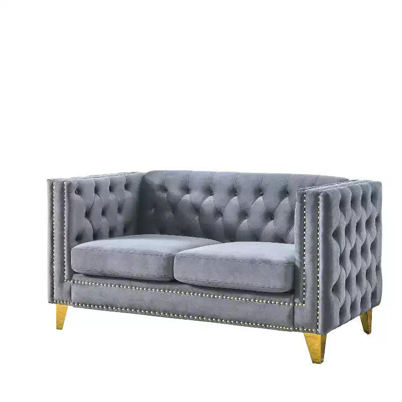 Canapé en velours pour salon, canapé à accoudoirs carrés capitonnés, canapé moderne rembourré avec boutons et pieds en métal, canapé pour chambre à coucher