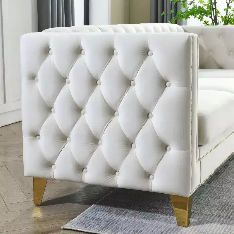 Canapé en velours pour salon, canapé à accoudoirs carrés capitonnés, canapé moderne rembourré avec boutons et pieds en métal, canapé pour chambre à coucher