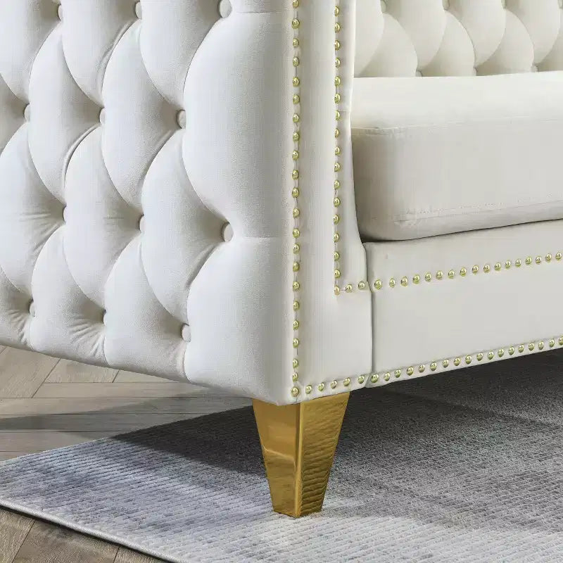 Canapé en velours pour salon, canapé à accoudoirs carrés capitonnés, canapé moderne rembourré avec boutons et pieds en métal, canapé pour chambre à coucher