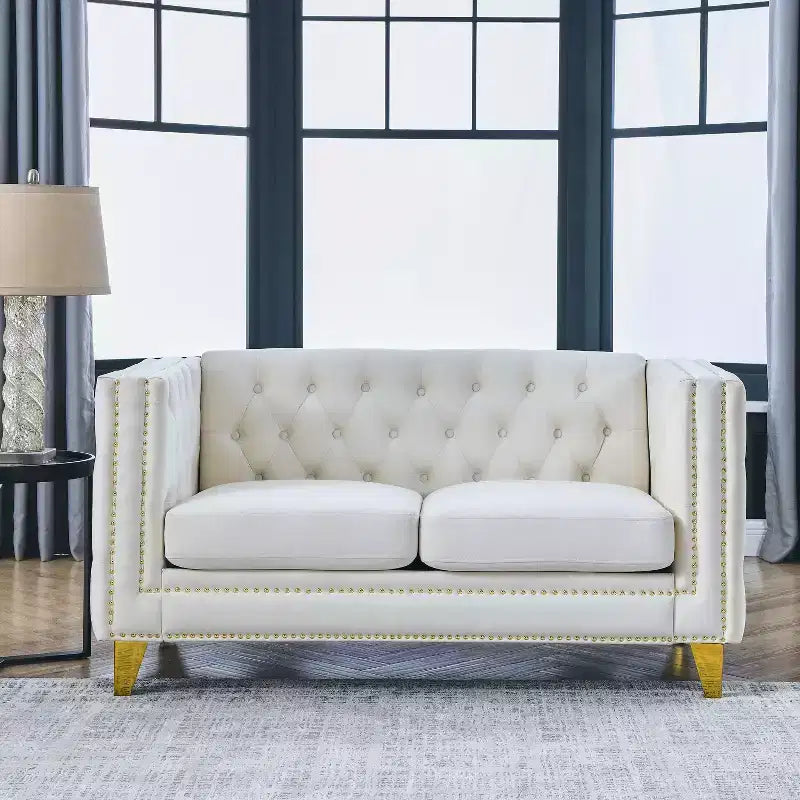 Velvet Sofa for Living Room,Buttons Tufted Square Arm Couch, Modern Couch Upholstered Button and Metal Legs, Sofa Couch for Bedroom