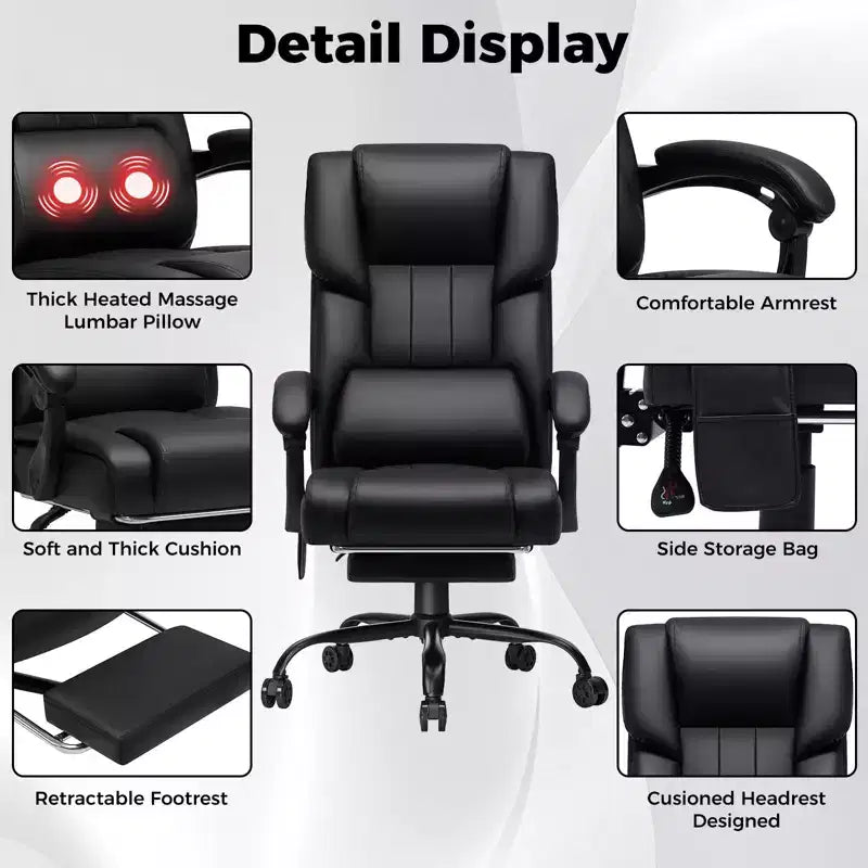 Fauteuil de bureau de direction massant chauffant avec accoudoirs réglables, repose-pieds et dossier inclinable