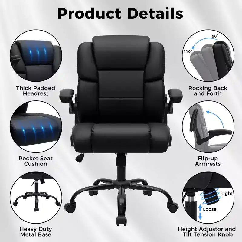 Chaise de bureau inclinable Chaise d'ordinateur ergonomique avec accoudoirs relevables, siège à ressorts ensachés, inclinaison et rangement dissimulé