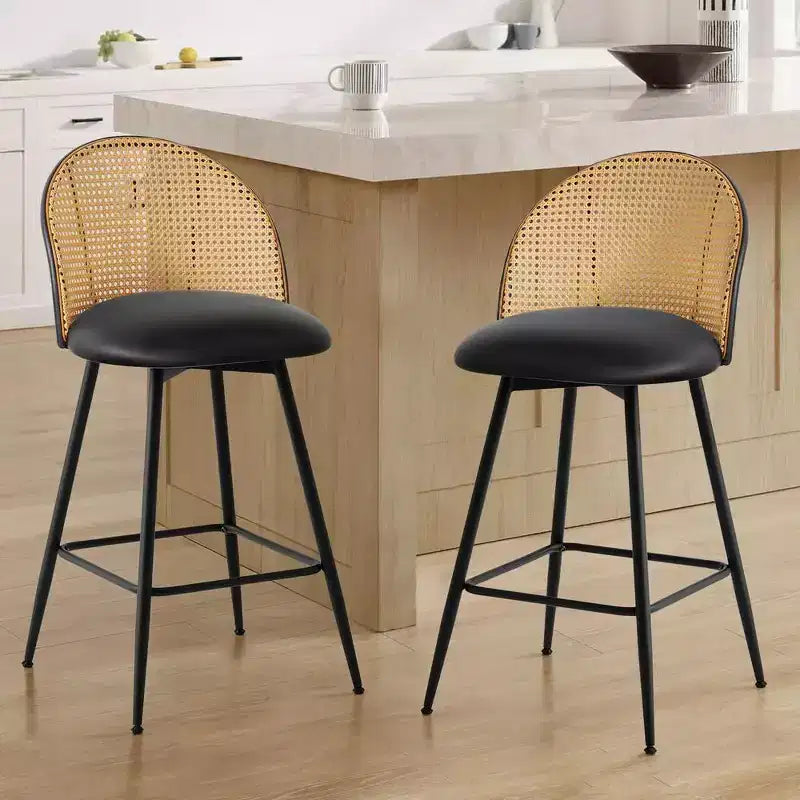 Bekrvio 29 Mid-Century Modern Swivel Bar Stools Set of 2/3/4, Faux Leather Upholstered Bar Chairs with Rattan Back &amp; Metal Legs for Kitchen Counter