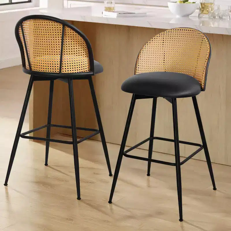 Tabourets de Bar Pivotants du Milieu du Siècle Moderne Lot de 2/3/4, Chaises de Bar Rembourrées en Similicuir avec Dossier en Rotin et Pieds en Métal pour Comptoir de Cuisine
