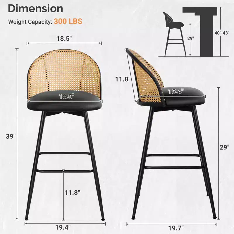 Tabourets de Bar Pivotants du Milieu du Siècle Moderne Lot de 2/3/4, Chaises de Bar Rembourrées en Similicuir avec Dossier en Rotin et Pieds en Métal pour Comptoir de Cuisine