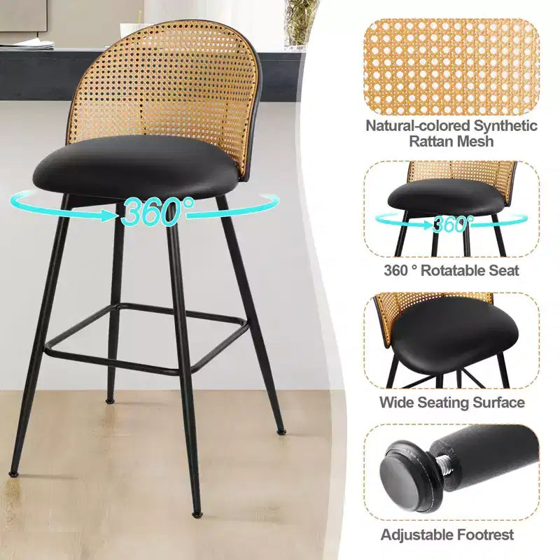 Tabourets de Bar Pivotants du Milieu du Siècle Moderne Lot de 2/3/4, Chaises de Bar Rembourrées en Similicuir avec Dossier en Rotin et Pieds en Métal pour Comptoir de Cuisine
